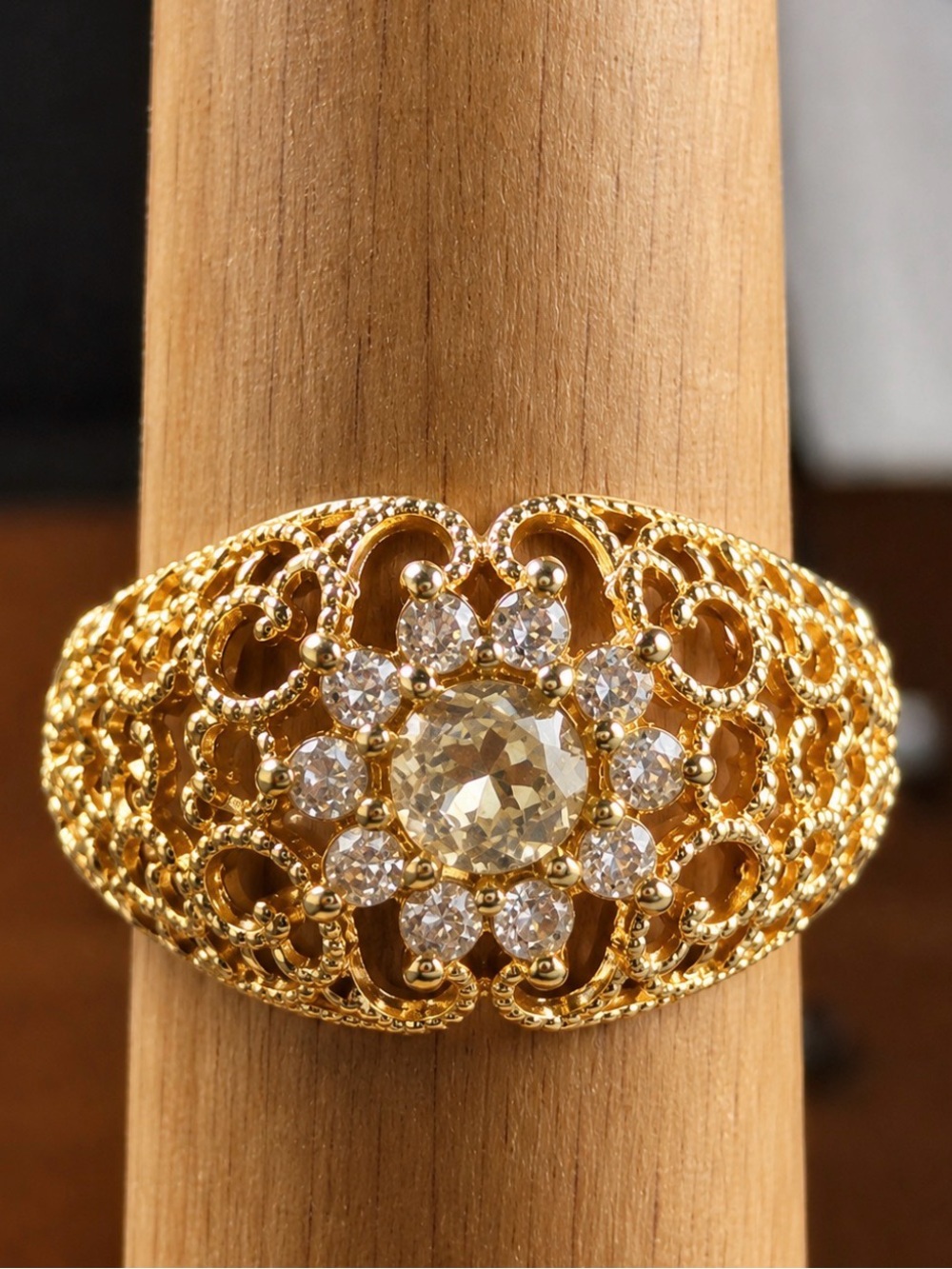 Gold Filigree Floral Cocktail Ring with Clear Crystal Center